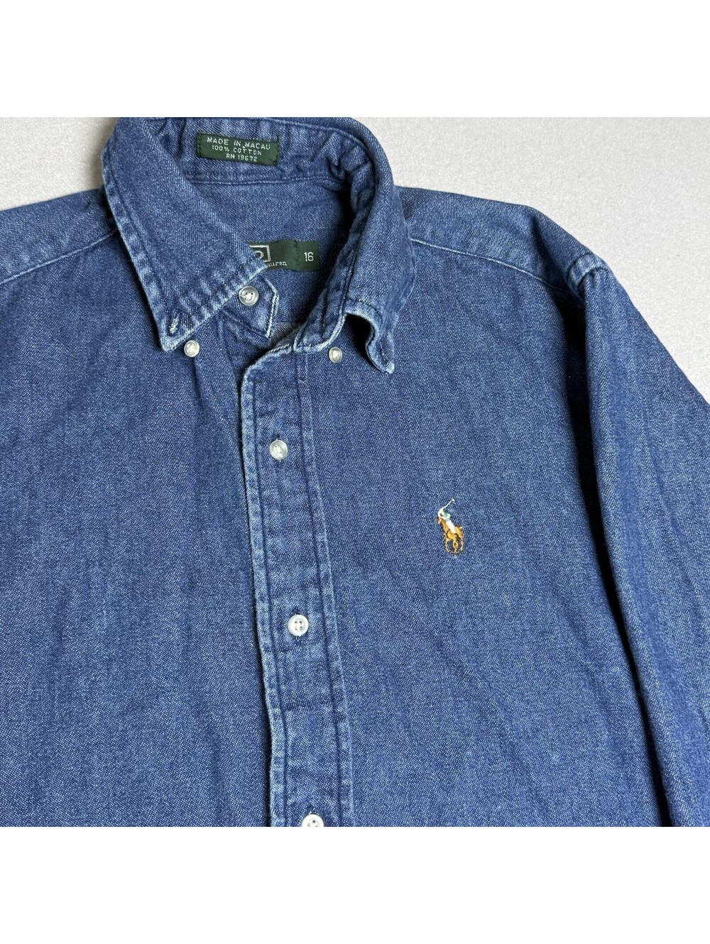 Vintage Polo Ralph Lauren Blue Denim Western Pearl Snap Shirt Youth Sz 16 Large